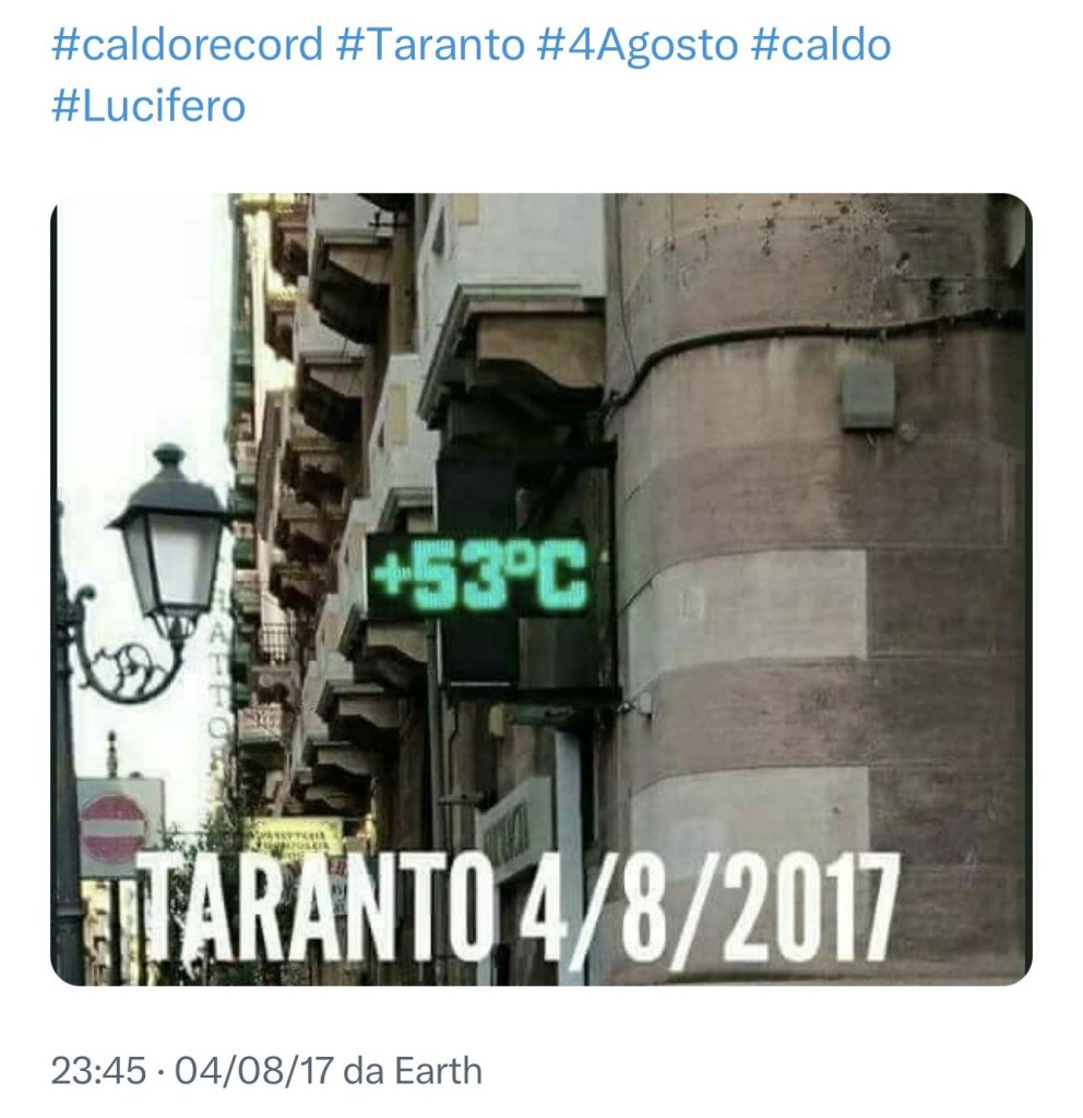 No, non ci sono stati 53 gradi celsius a Taranto ad Agosto 2017