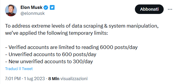 Elon Musk limita gli account Twitter non verificati: 600 post in lettura durante il Twitterdown