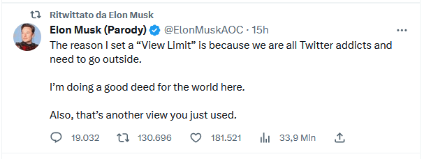 Elon Musk retwitta il suo account parodia che deride gli utenti limitati