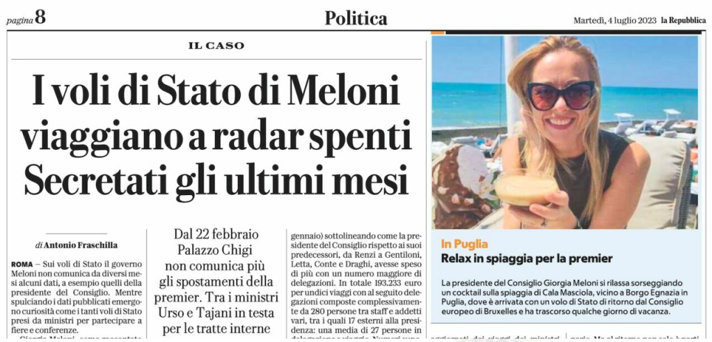 La Repubblica pubblica presunta (e fake) "foto di Meloni con un cocktail dopo un volo di Stato"