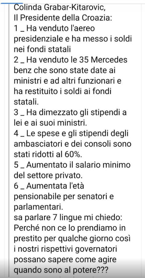 Il ritorno della bufala "antikasta" del Presidente della Croazia