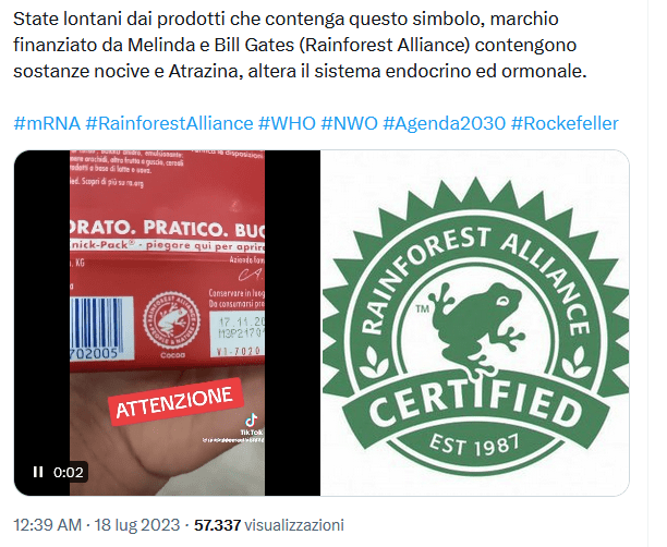 Non è vero che i prodotti col logo Rainforest Alliance contengono Atrazina