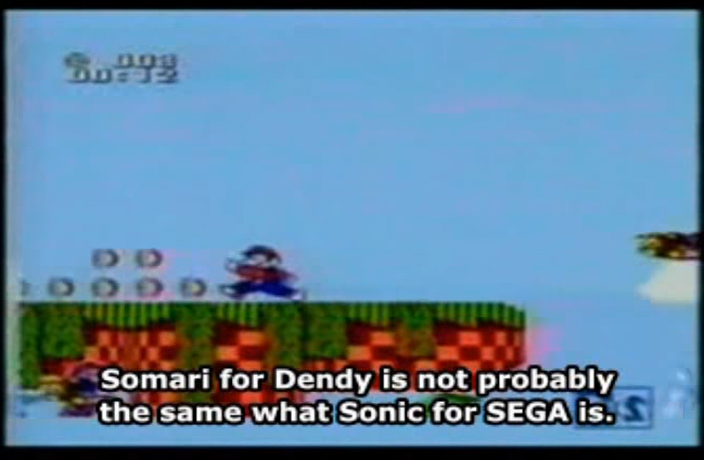 Somari, il surreale gioco di "Mario-Sonic" per Dendy, proiettato su una TV a infima qualità
