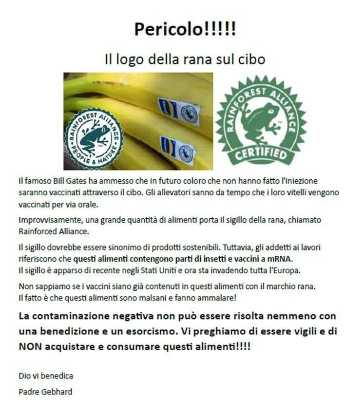 La "rana sul cibo" non significa che c'è il vaccino nei cibi e il satanismo