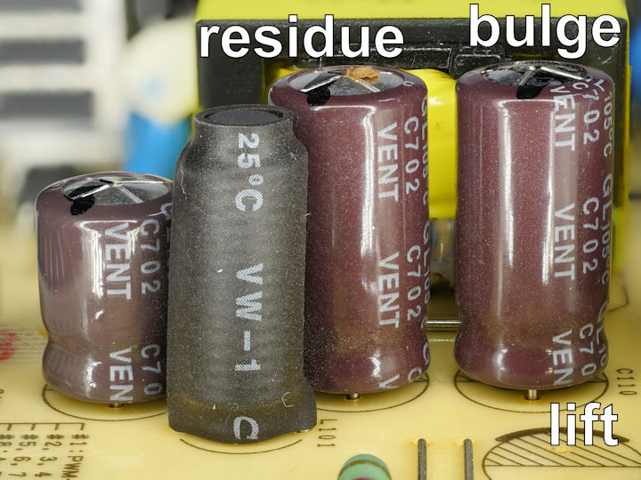 Condensatori rotti o gonfi (quindi già degradati e in procinto di rilasciare liquidi), fonte https://www.robotroom.com/Faulty-Capacitors-1.html
