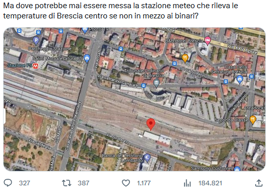 Il (non) mistero della stazione meteorologica di Brescia Centro, post social che riporta un dato da Wikipedia