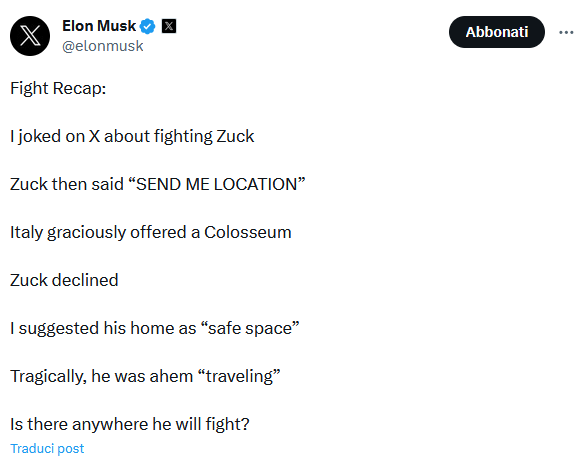 Contrordine amici: niente sfida per Elon Musk, stava scherzando