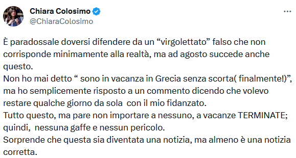 Chiara Colosimo smentisce le vacanze senza scorta: la piaga dei virgolettati inventati