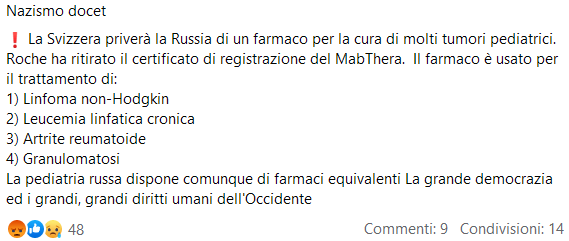 No, non è vero che la Svizzera vuole togliere gli antitumorali ai bambini russi