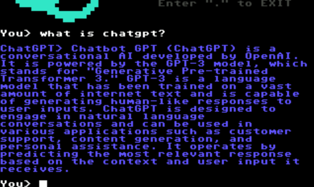 La stessa domanda posta a ChatGPT, interfaccia a 8bit offerta da RetroCampus per Commodore 64