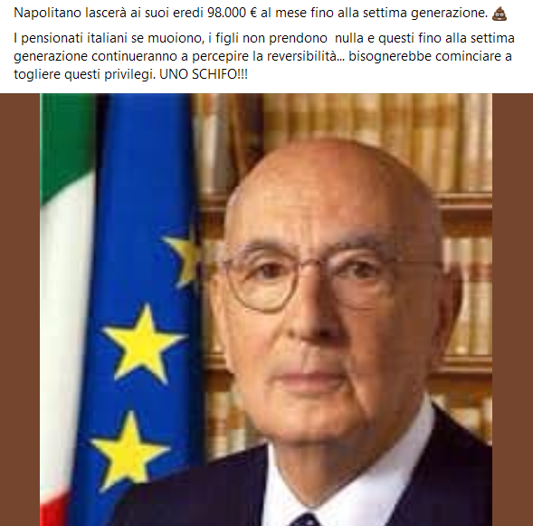 Giorgio Napolitano lascerà 98mila euro al mese ai suoi eredi per sette generazioni: il rilancio della bufala