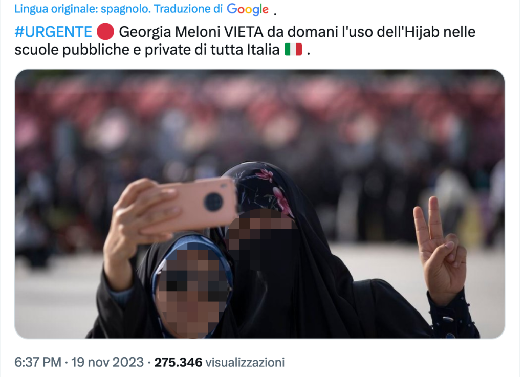 La fake news secondo cui Giorgia Meloni ha proibito l'hijab nelle scuole