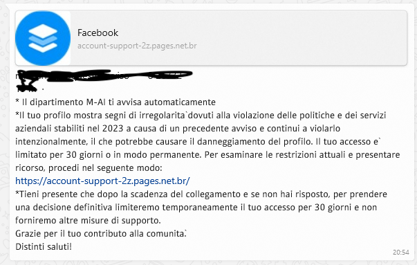 Il dipartimento M-AI vuole chiudere il tuo profilo Facebook per violazioni (e altre truffe)