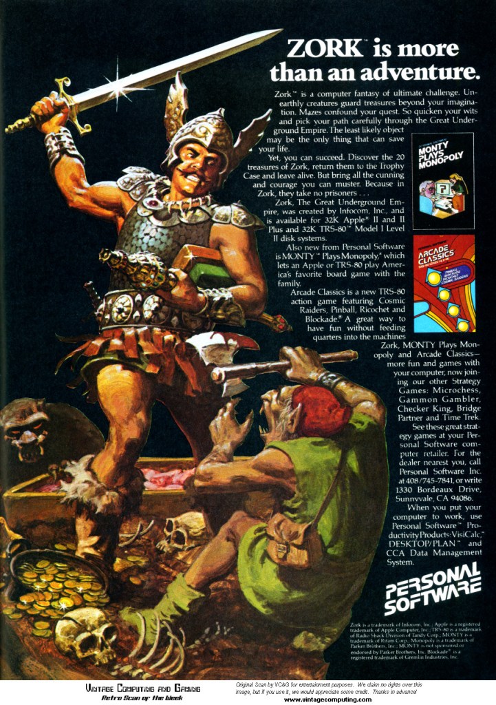 Una delle prime pubblicità di Zork, quando era ancora venduto mediante Personal Software (poi VisiCalc)