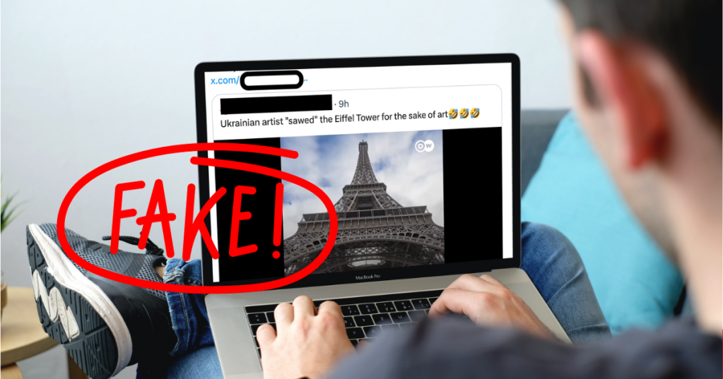 Il falso articolo dell'Ucraino che taglia a pezzi la Torre Eiffel e la fabbrica del troll