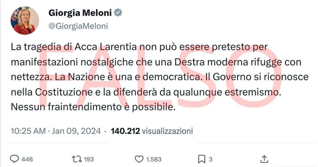 Il falso tweet di Giorgia Meloni sulla tragedia di Acca Larentia