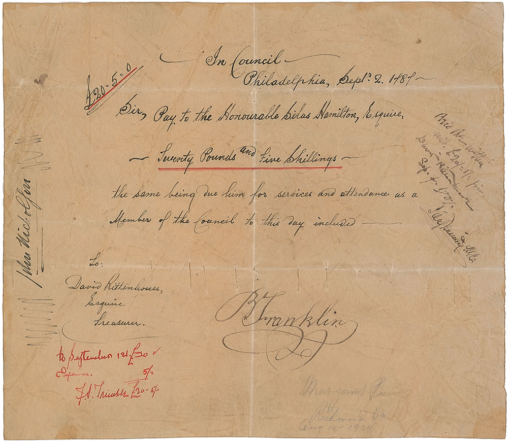 Falsificazione di Joseph Cosey, con firma falsa di Benjamin Franklin