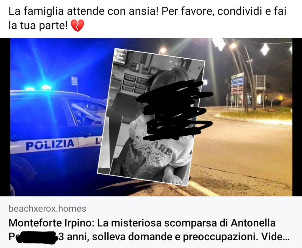 Non cliccate sul post della bambina scomparsa Antonella