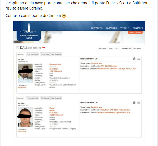 No, non è vero che l'incidente di Baltimora è stato causato da un capitano Ucraino