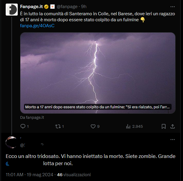 No, non esiste collegamento tra il ragazzo colpito dal fulmine e il vaccino, era una parodia (fuori luogo)