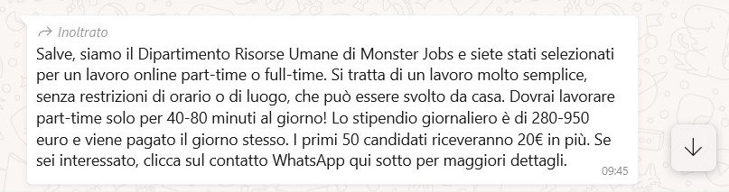 Attenti alla truffa del "lavoro facile via WhatsApp" del falso Monster Jobs