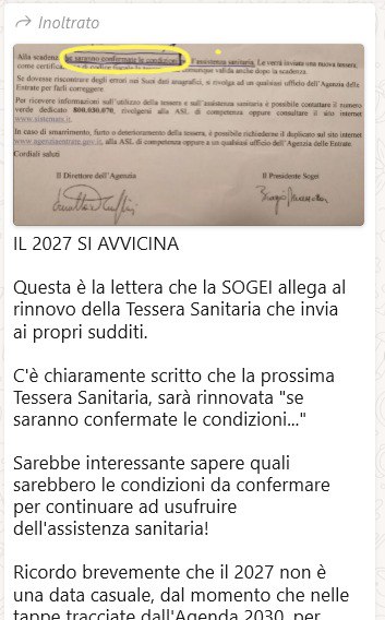 Il complotto della "tessera sanitaria se saranno confermate le condizioni"