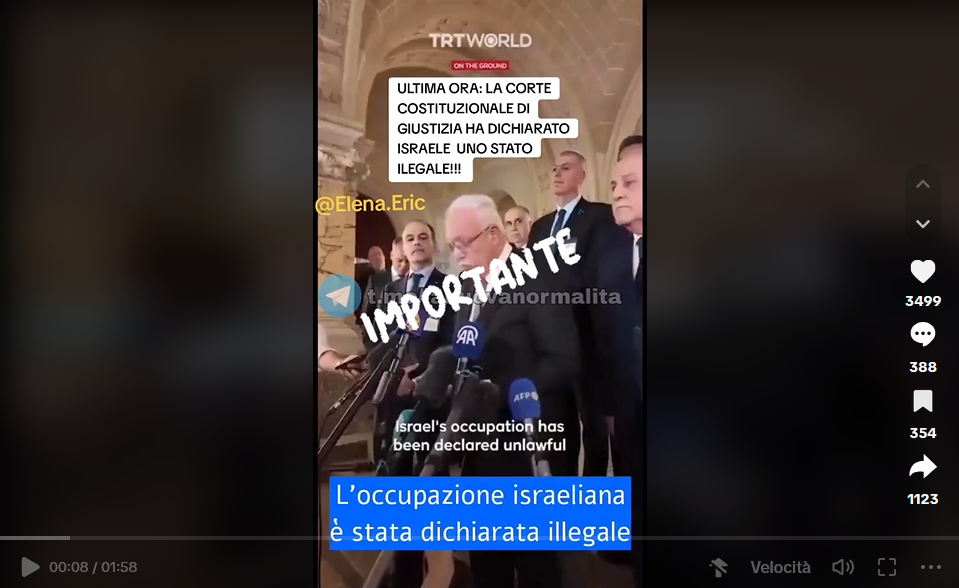 Non è corretto affermare che la "Corte Costituzionale di Giustizia ha dichiarato Israele illegale"