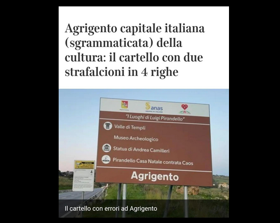Il cartello con strafalcioni ad Agrigento è stato rimosso (ma la polemica continua)