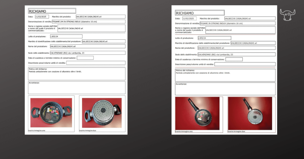 Richiamato uno specifico lotto di padelle per cessione di alluminio