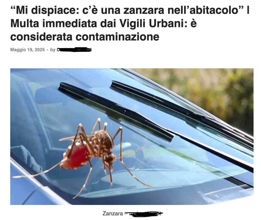 La multa per la zanzara nell'abitacolo che causa contaminazione è una fake news