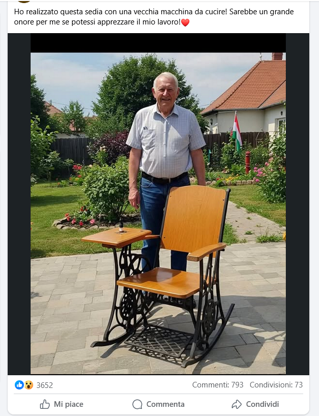 La foto del vecchietto che ha creato un sedia con una macchina da cucire è creata con AI