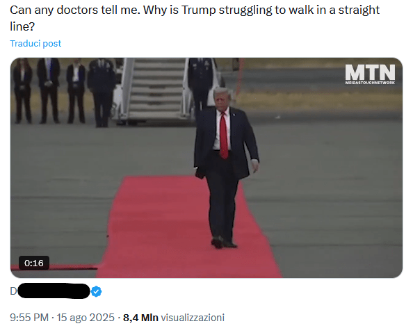 Il video di Trump barcollante sul tappeto rosso di Anchorage è un estratto velocizzato