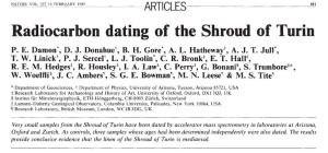 Datazione al radiocarbonio della sindone di Torino. Credit: Nature (Vol. 337 - 16 febbraio 1989)