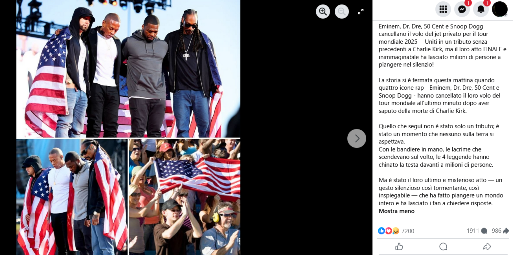 L'omaggio finale a Charlie Kirk dei rapper Eminem, Dr. Dre, 50 Cent e Snoop Dogg non esiste