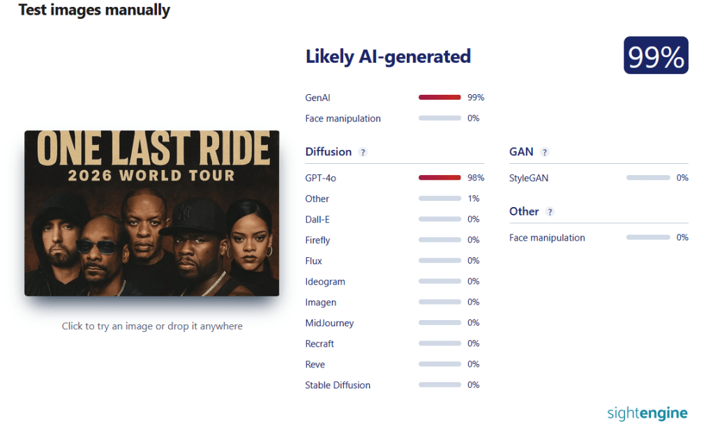 La locandina del "tour mondiale" esaminata come fake da SightEngine