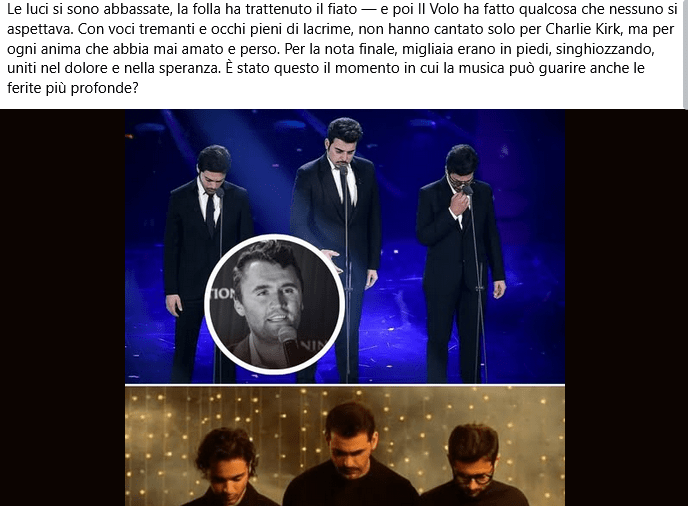 Il fotoromanzo social dell'omaggio de Il Volo a Charlie Kirk