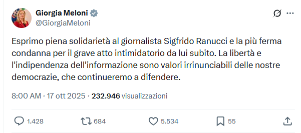 Il post X della Presidentessa del Consiglio
