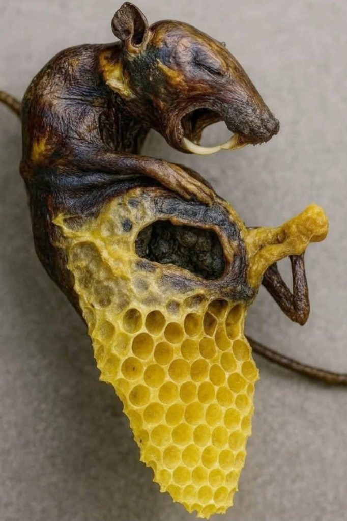 No, questa foto del topo mummificato dalle api non è reale (anzi, è un "furto AI" di una foto vera)