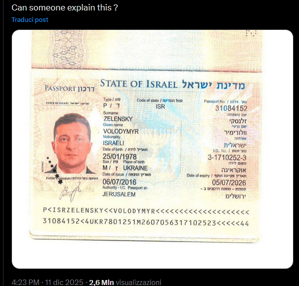 Il falso passaporto Israeliano di Zelensky (dopo il falso passaporto russo)
