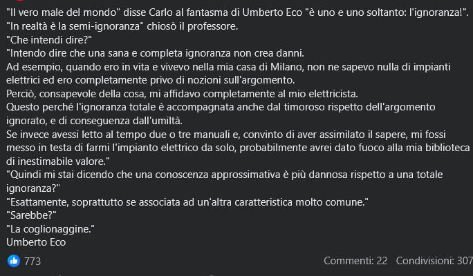 Post del 2023 che attribuisce la frase a Eco