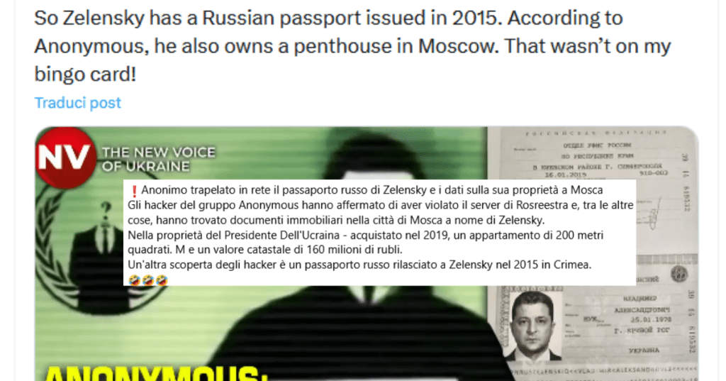 La spy story del passaporto russo di Zelensky scoperto da Anonymous è un falso Doppelganger