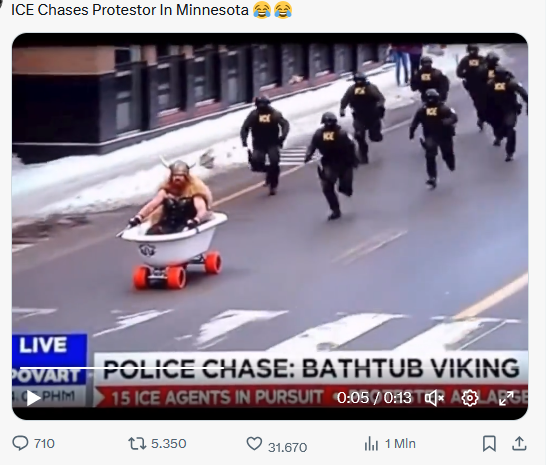 Questo video del vichingo in vasca da bagno inseguito da ICE è satira creata con AI