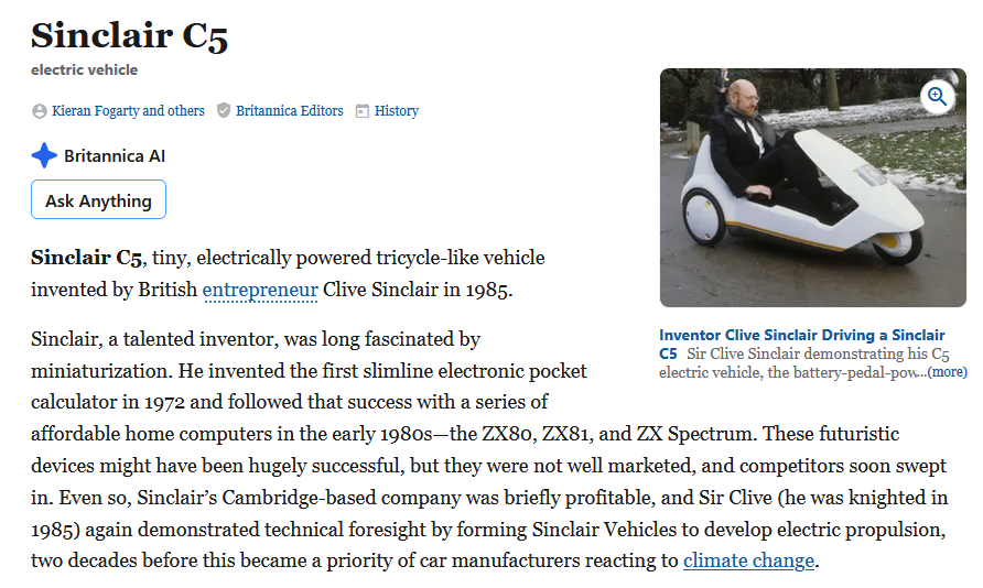 Encyclopedia Britannica: Sir Clive dimostra il C5: non riuscendovi
