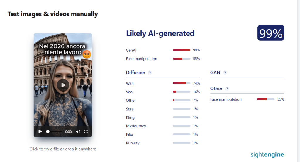 Risultato dell'analisi di SightEngine