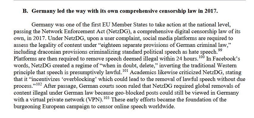 Estratto del testo in cui si chiede che le Big Tech non impediscano i discorsi di odio