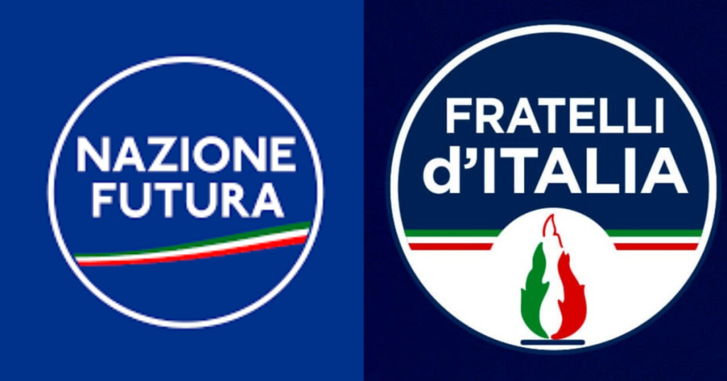 Loghi di Nazione Futura e Fratelli di Italia, legati ad una estetica vintage affine a quella di Futuro Nazionale