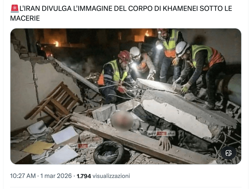 Questa foto dell'Ayatollah Khamenei sotto le macerie è generata con l'AI