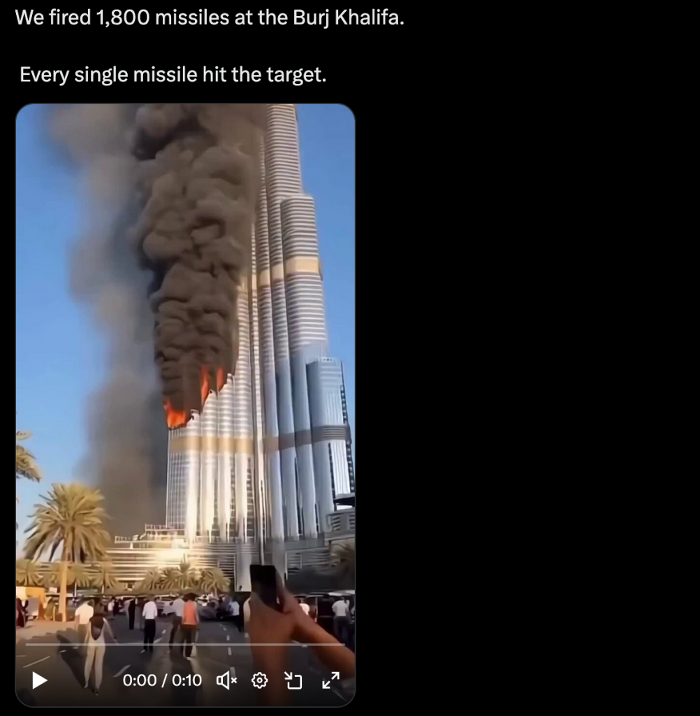 Il video del Burj Khalifa in fiamme dopo un attacco con 1800 missili è creato con AI
