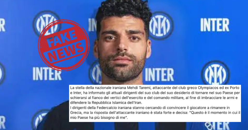 Il post di Mehdi Taremi che vuole tornare in Iran per combattere per gli Ayatollah è una bufala (creata con AI)